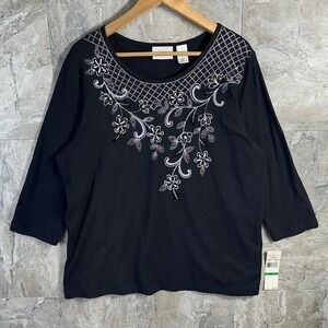 Alfred Dunner black embroidered floral blouse with 3/4 sleeves Woman's Size L